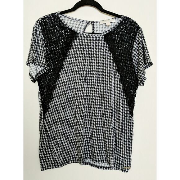 Michael Kors Houndstooth Lace S/S Top Tee Black White L - Picture 1 of 8